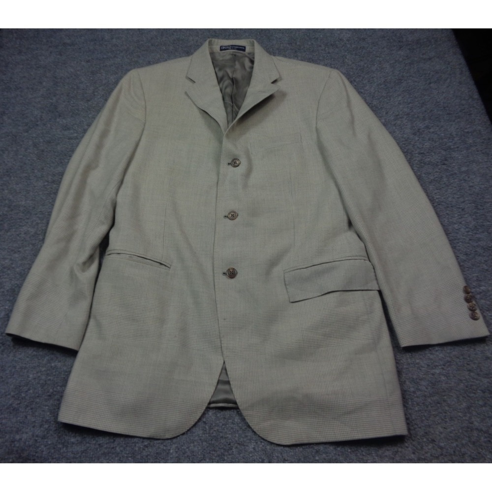 Vtg‎ Polo By Ralph Lauren Blazer 42L Beige 100% Cashmere Glen Check Plaid  Italy